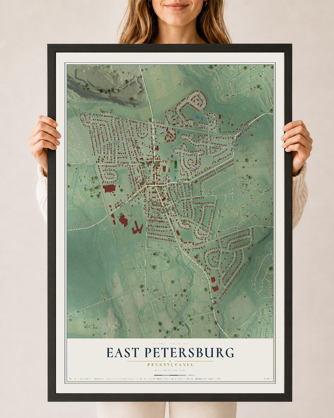 Map of East Petersburg, Pennsylvania, 24 x 36 inch print in a black wood frame