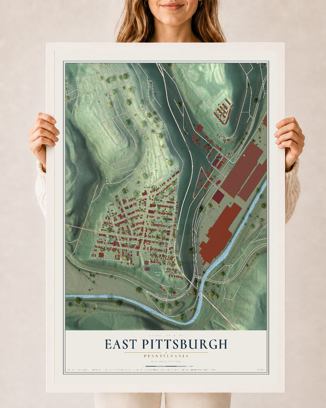 Map of East Pittsburgh, Pennsylvania, 24 x 36 inch print in a white wood frame