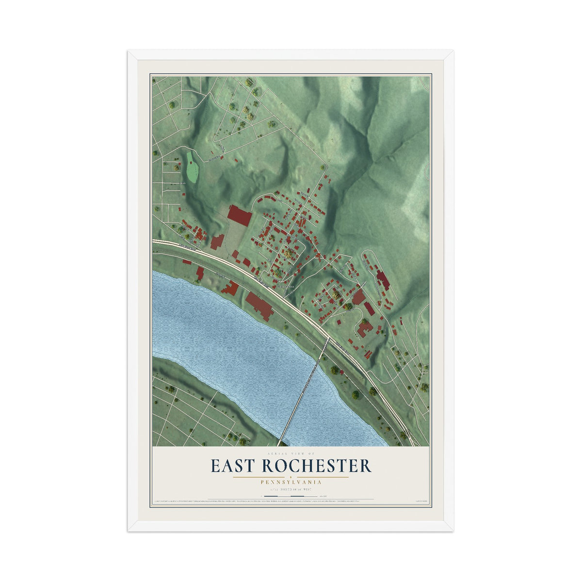Map of East Rochester, Pennsylvania, 12 x 18 inch print in a white wood frame