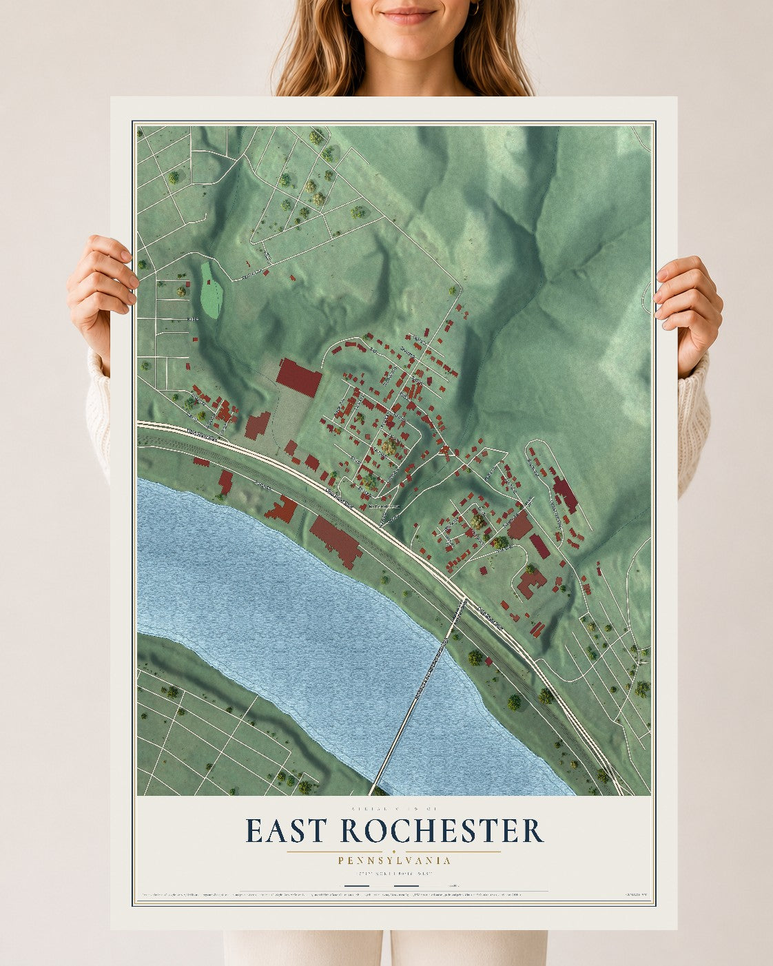 Map of East Rochester, Pennsylvania, 24 x 36 inch unframed archival matte print