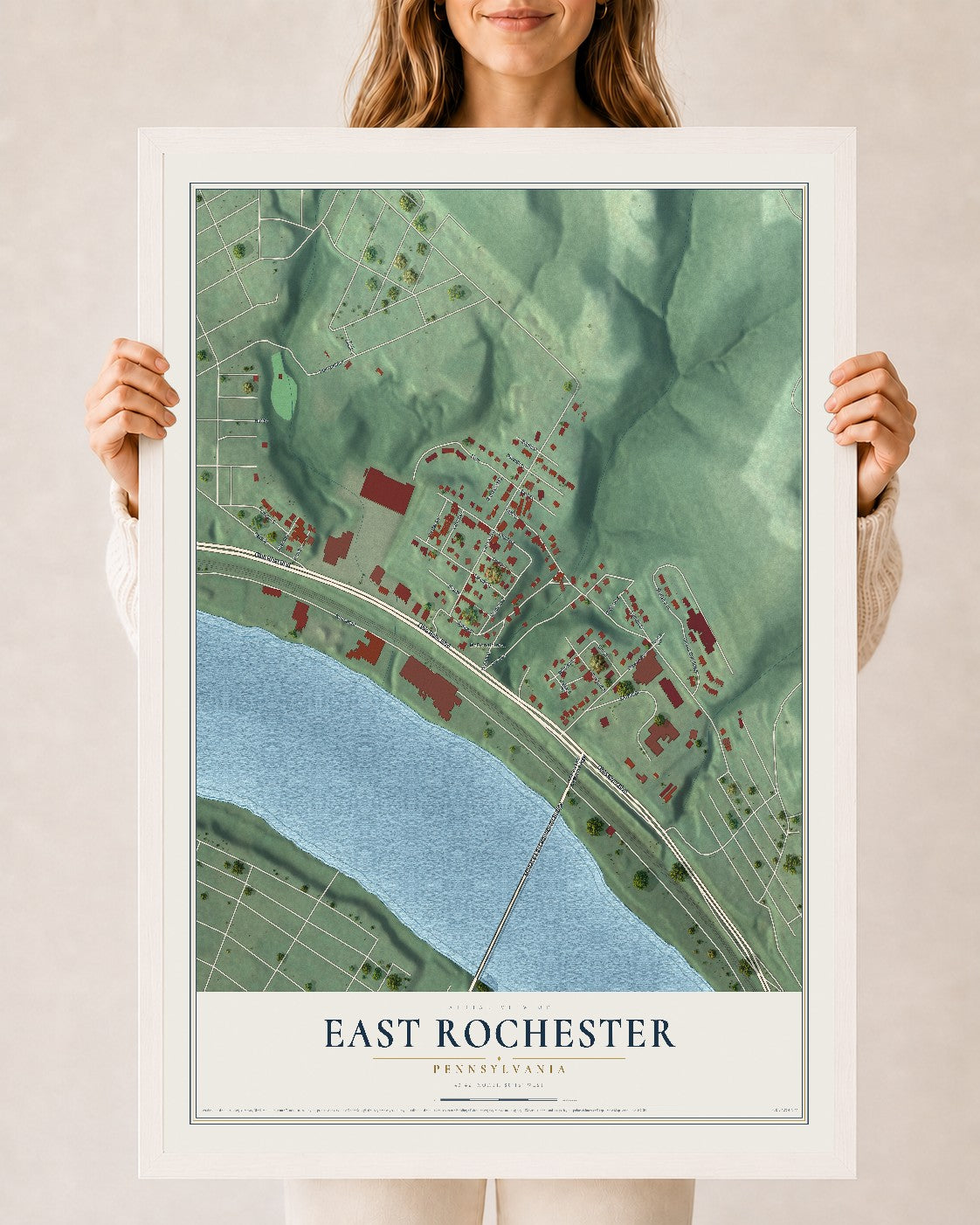Map of East Rochester, Pennsylvania, 24 x 36 inch print in a white wood frame