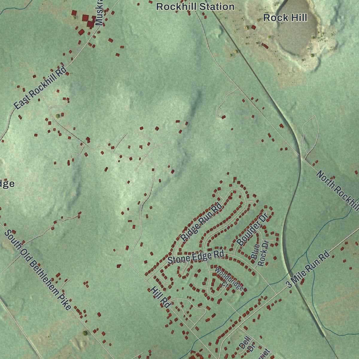 Close-up of the map of East Rockhill, Pennsylvania print showing street and building detail