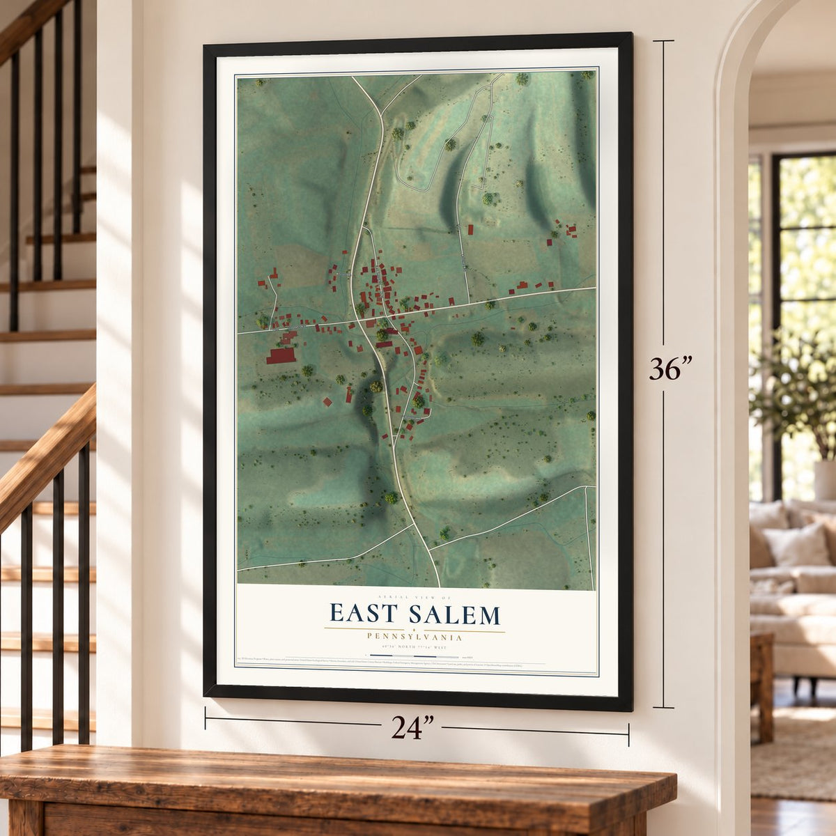 East Salem, Pennsylvania map, 24 x 36 inch print in a black frame by a staircase