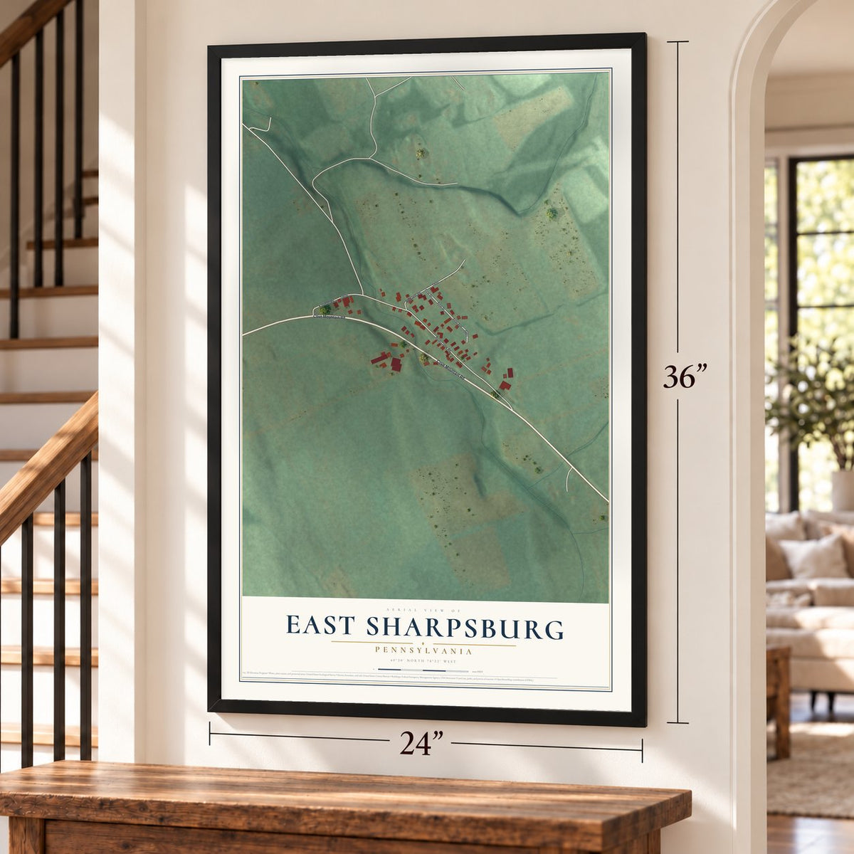 East Sharpsburg, Pennsylvania map, 24 x 36 inch print in a black frame by a staircase