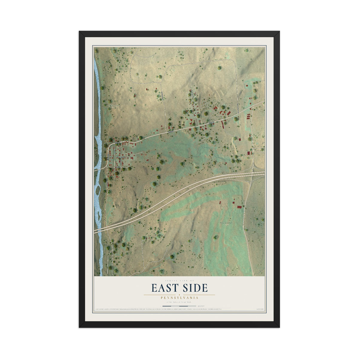 Map of East Side, Pennsylvania, 12 x 18 inch print in a black wood frame
