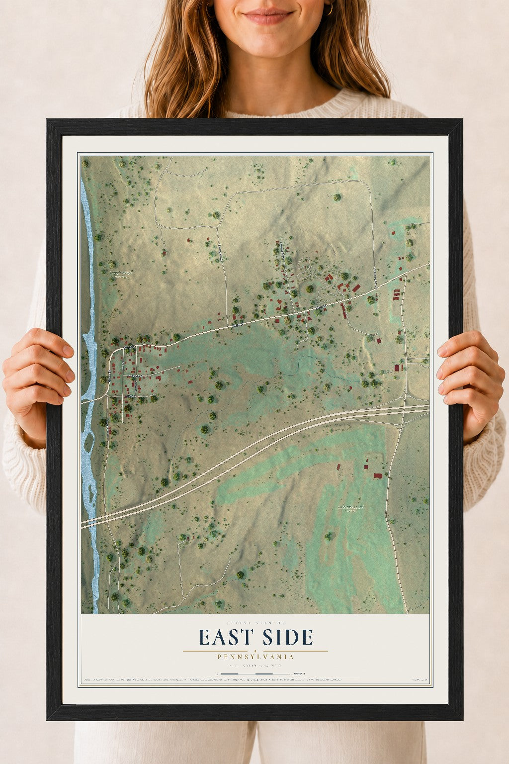 Map of East Side, Pennsylvania, 18 x 24 inch print in a black wood frame