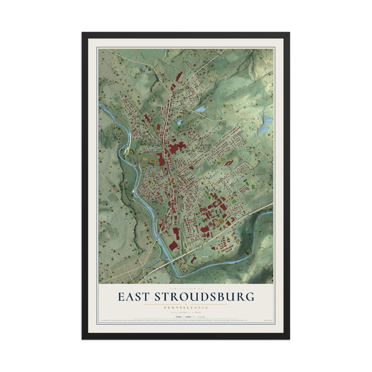 Map of East Stroudsburg, Pennsylvania, 12 x 18 inch print in a black wood frame