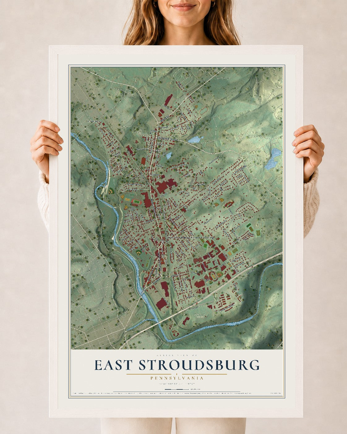 Map of East Stroudsburg, Pennsylvania, 24 x 36 inch print in a white wood frame