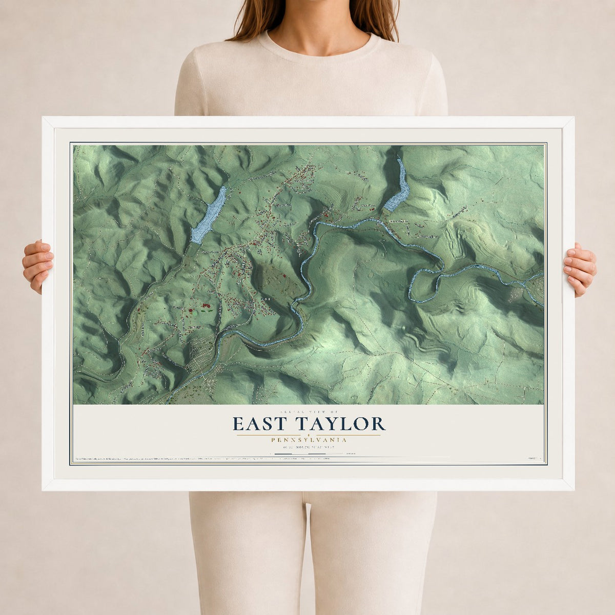 Map of East Taylor, Pennsylvania, 24 x 36 inch print in a white wood frame