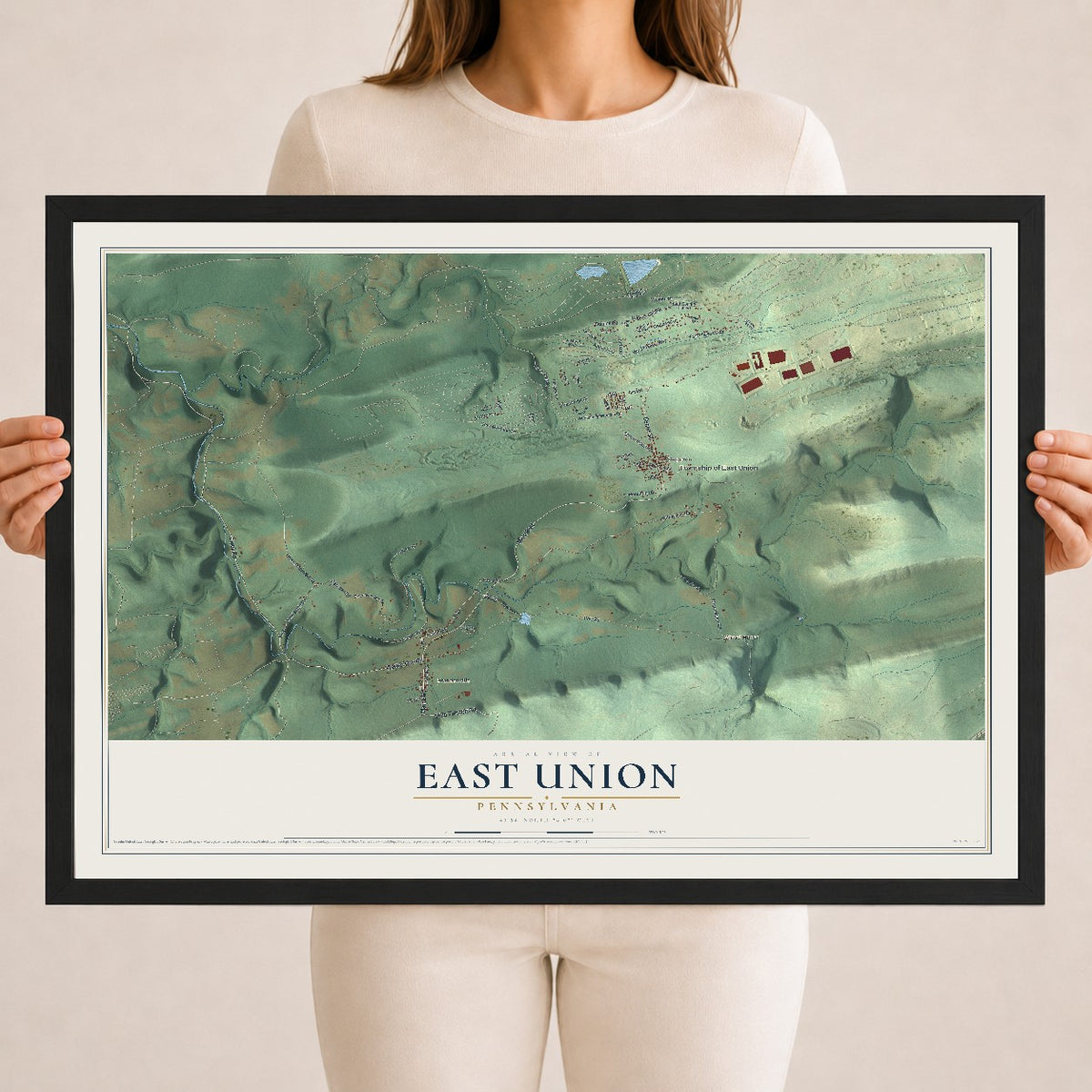 Map of East Union, Pennsylvania, 18 x 24 inch print in a black wood frame