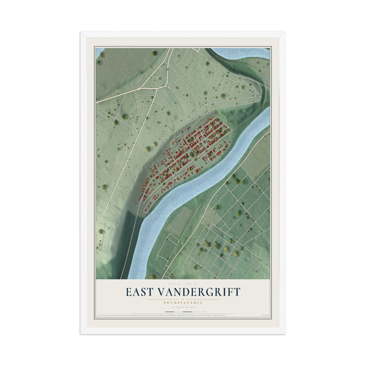 Map of East Vandergrift, Pennsylvania, 12 x 18 inch print in a white wood frame