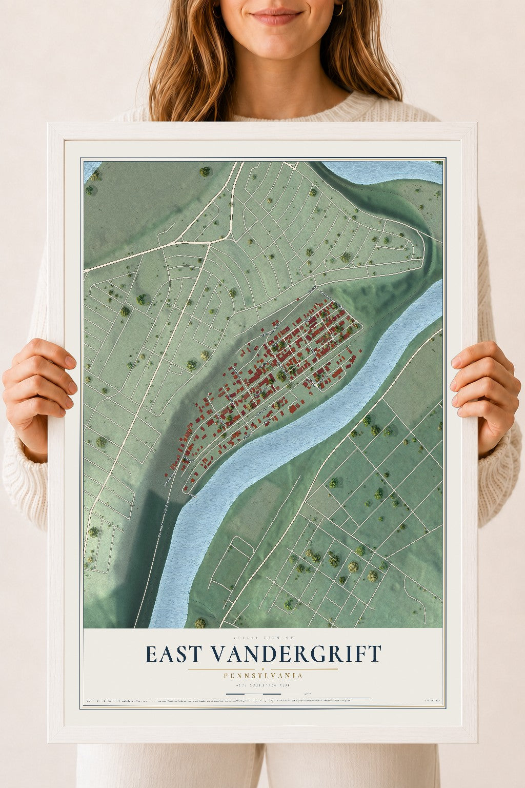 Map of East Vandergrift, Pennsylvania, 18 x 24 inch print in a white wood frame