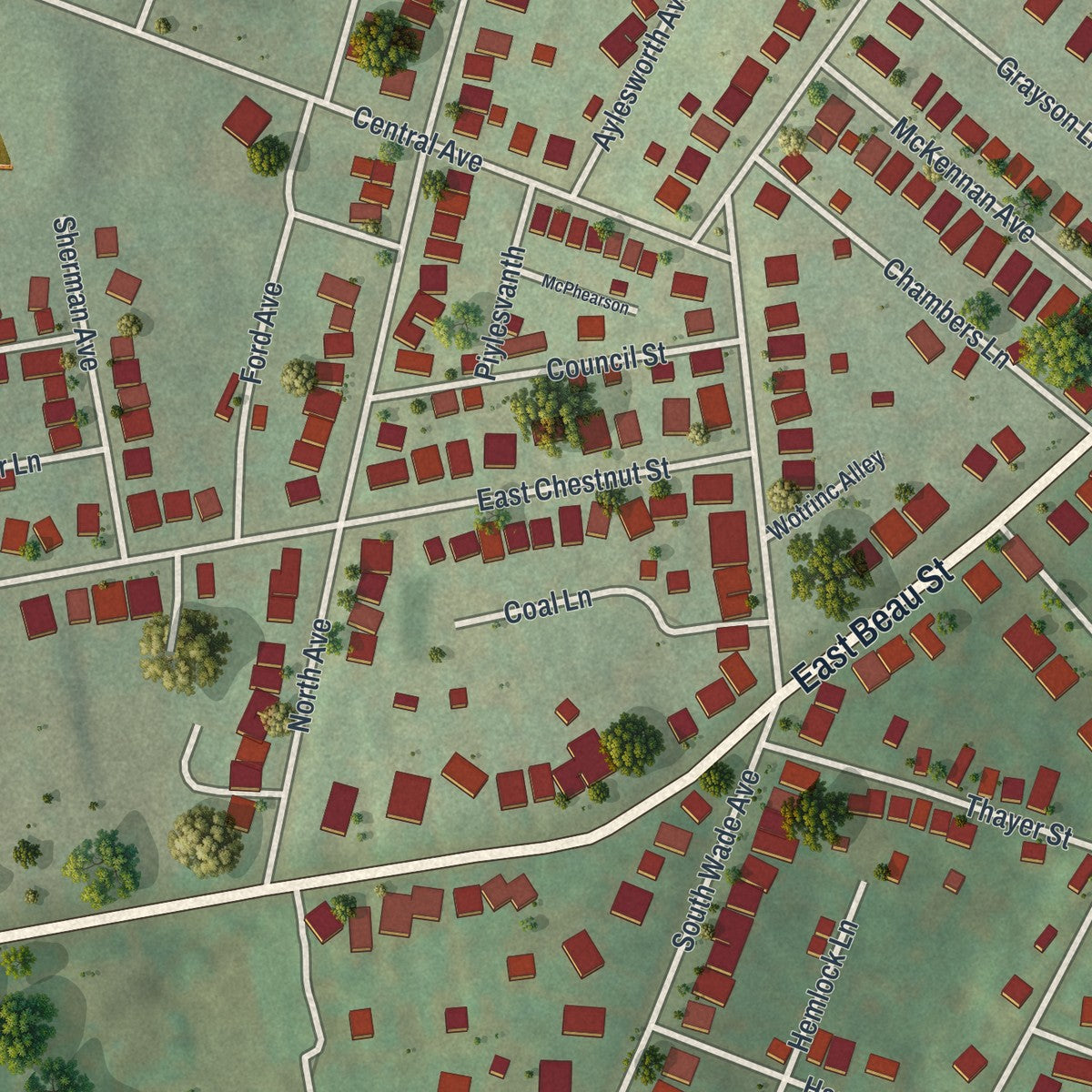 Close-up of the map of East Washington, Pennsylvania print showing street and building detail