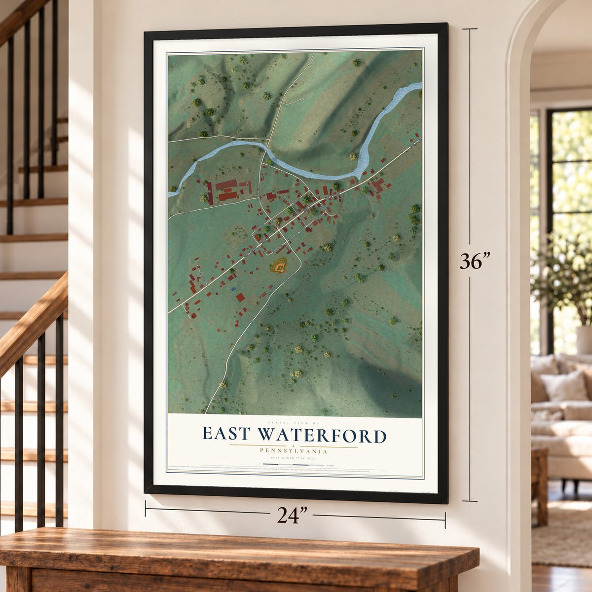 East Waterford, Pennsylvania map, 24 x 36 inch print in a black frame by a staircase