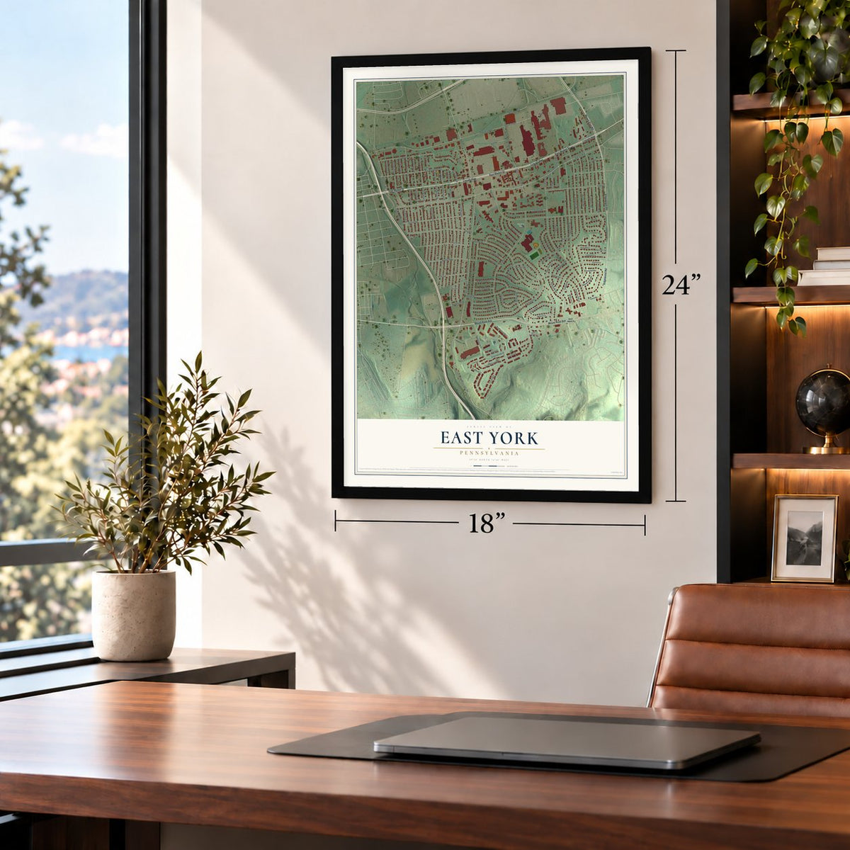 East York, Pennsylvania map, 18 x 24 inch print in a black frame in a home office
