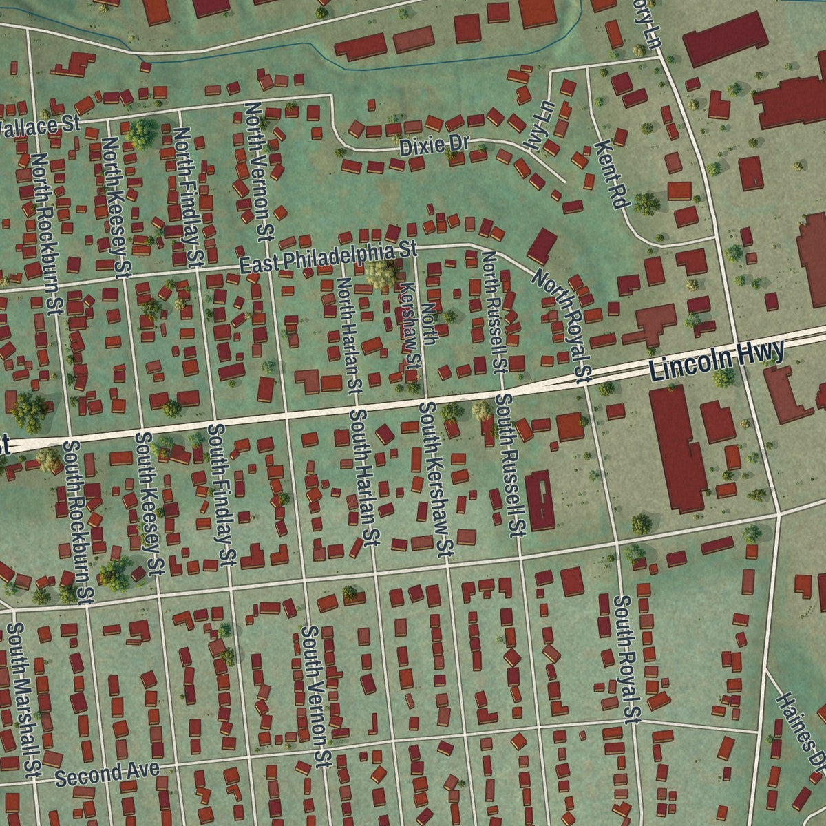 Close-up of the map of East York, Pennsylvania print showing street and building detail