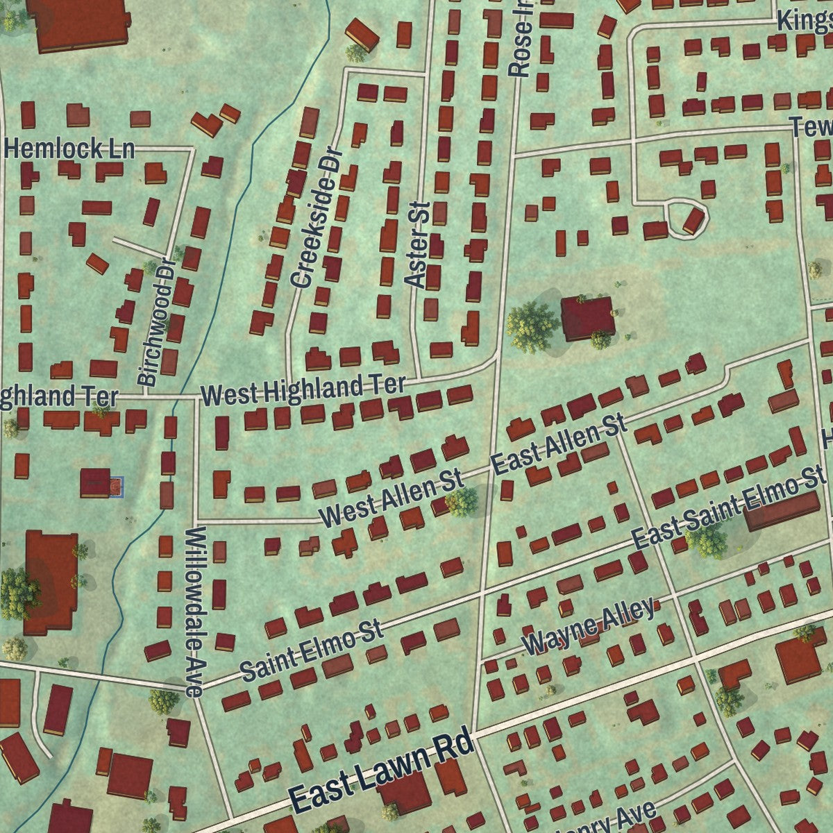 Close-up of the map of Eastlawn Gardens, Pennsylvania print showing street and building detail