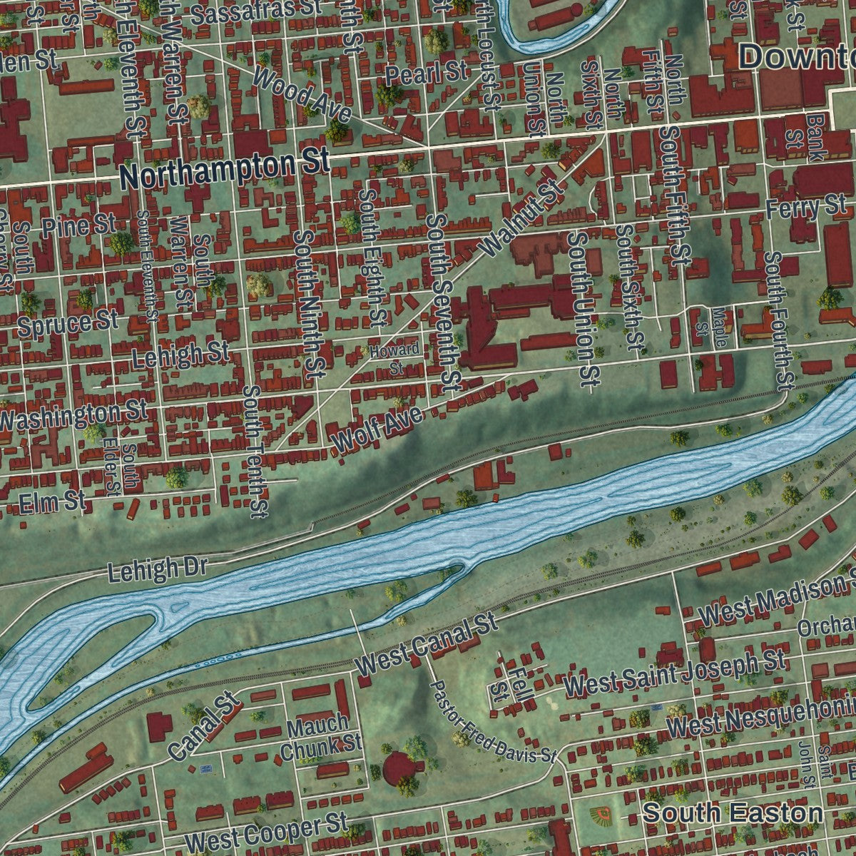 Close-up of the map of Easton, Pennsylvania print showing street and building detail