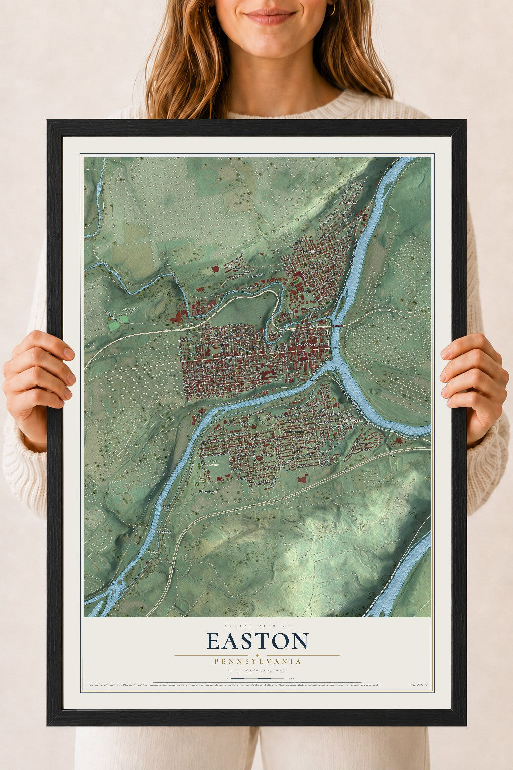 Map of Easton, Pennsylvania, 18 x 24 inch print in a black wood frame