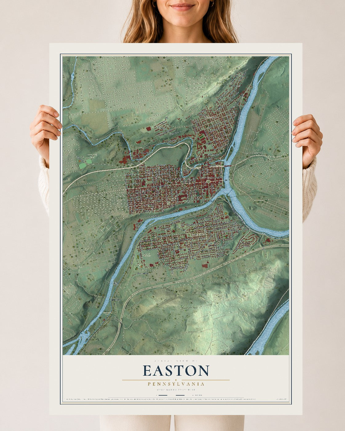 Map of Easton, Pennsylvania, 24 x 36 inch unframed archival matte print
