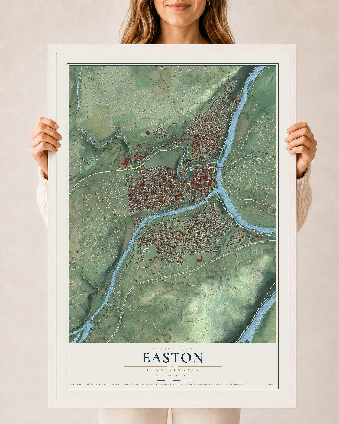 Map of Easton, Pennsylvania, 24 x 36 inch print in a white wood frame