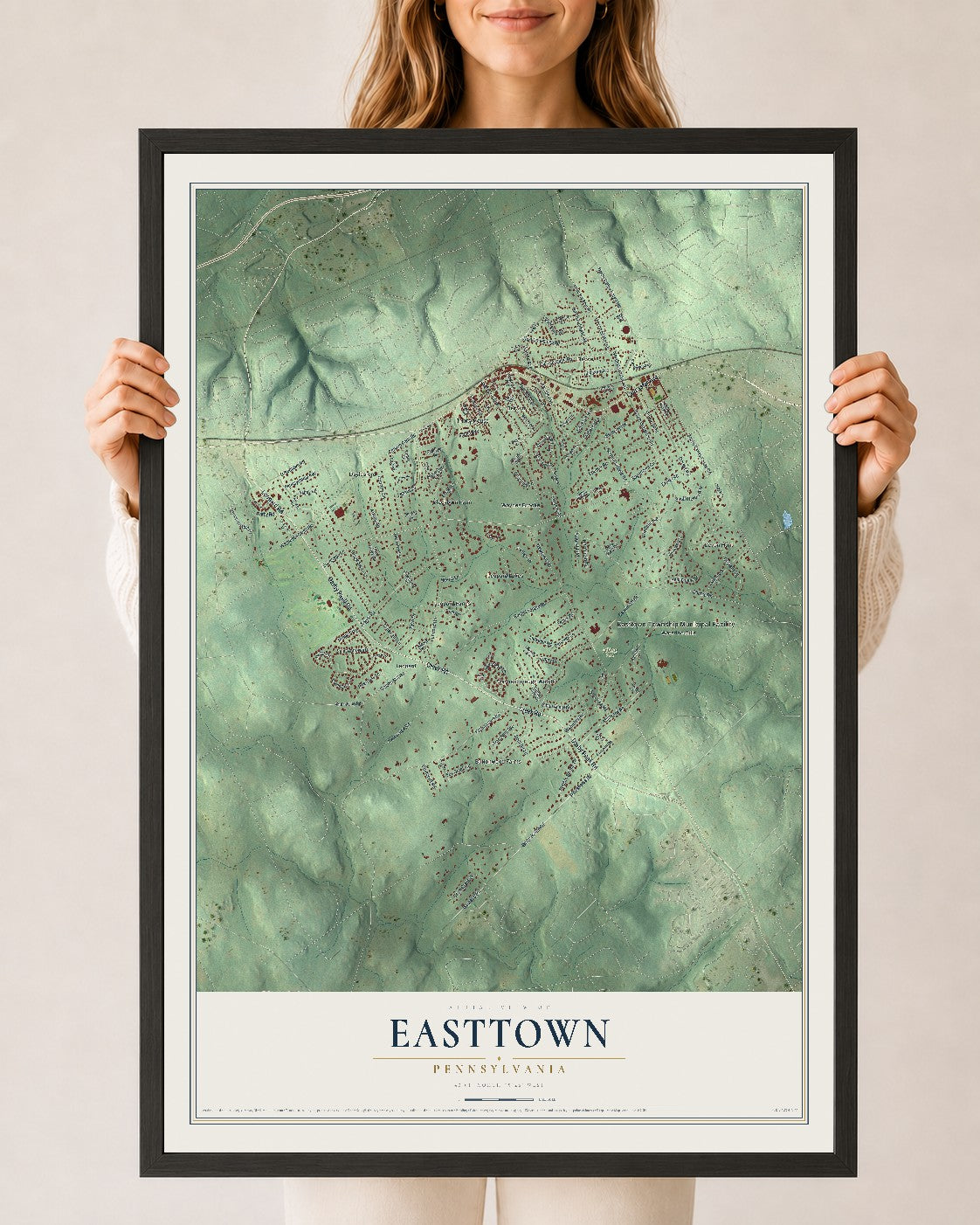 Map of Easttown, Pennsylvania, 24 x 36 inch print in a black wood frame