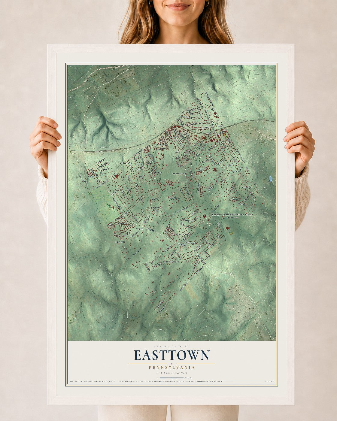 Map of Easttown, Pennsylvania, 24 x 36 inch print in a white wood frame