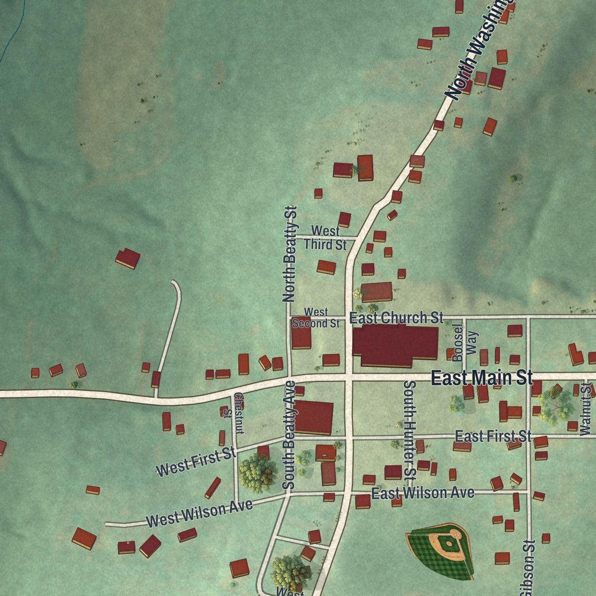 Close-up of the map of Eau Claire, Pennsylvania print showing street and building detail