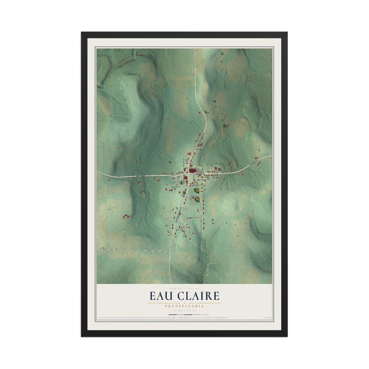Map of Eau Claire, Pennsylvania, 12 x 18 inch print in a black wood frame