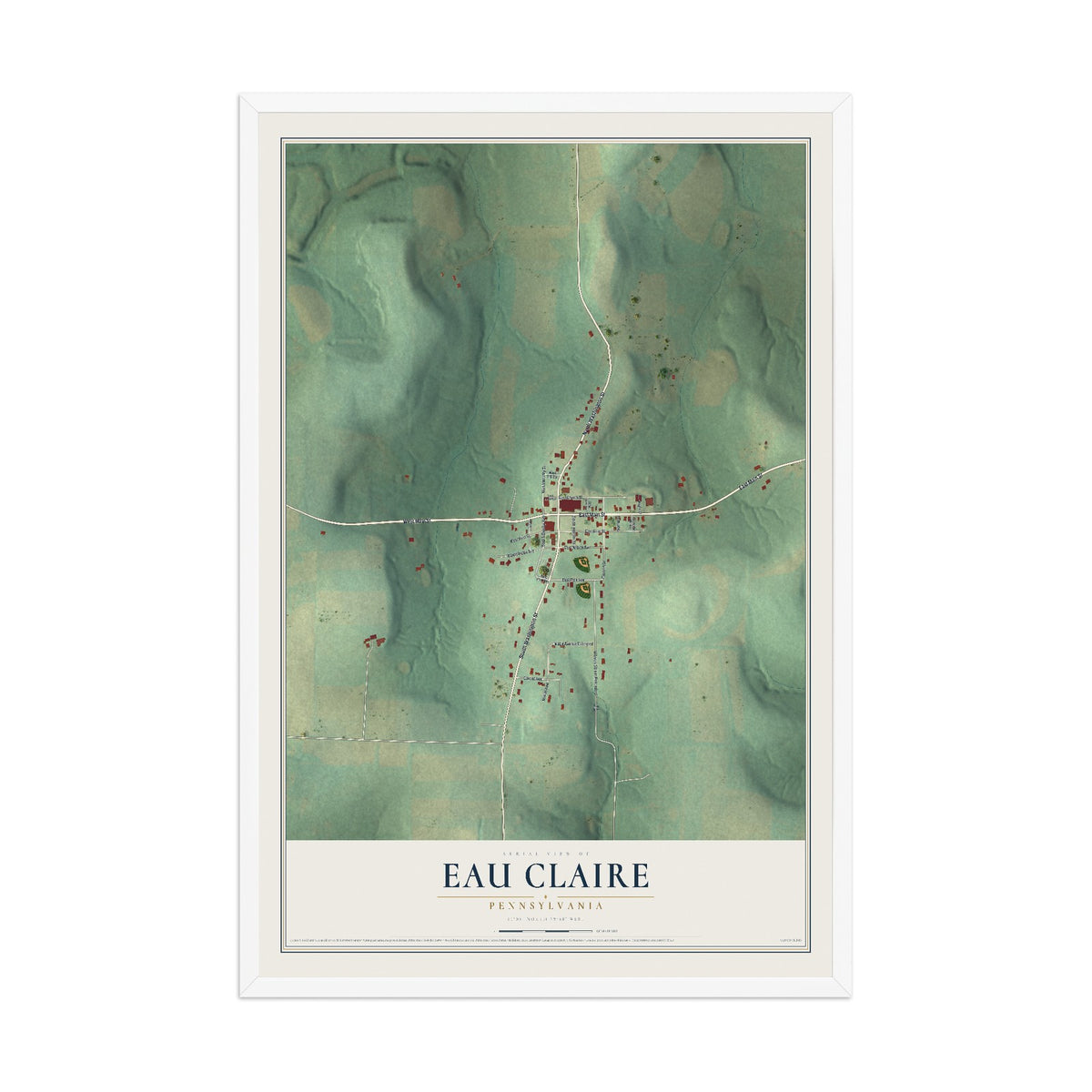 Map of Eau Claire, Pennsylvania, 12 x 18 inch print in a white wood frame