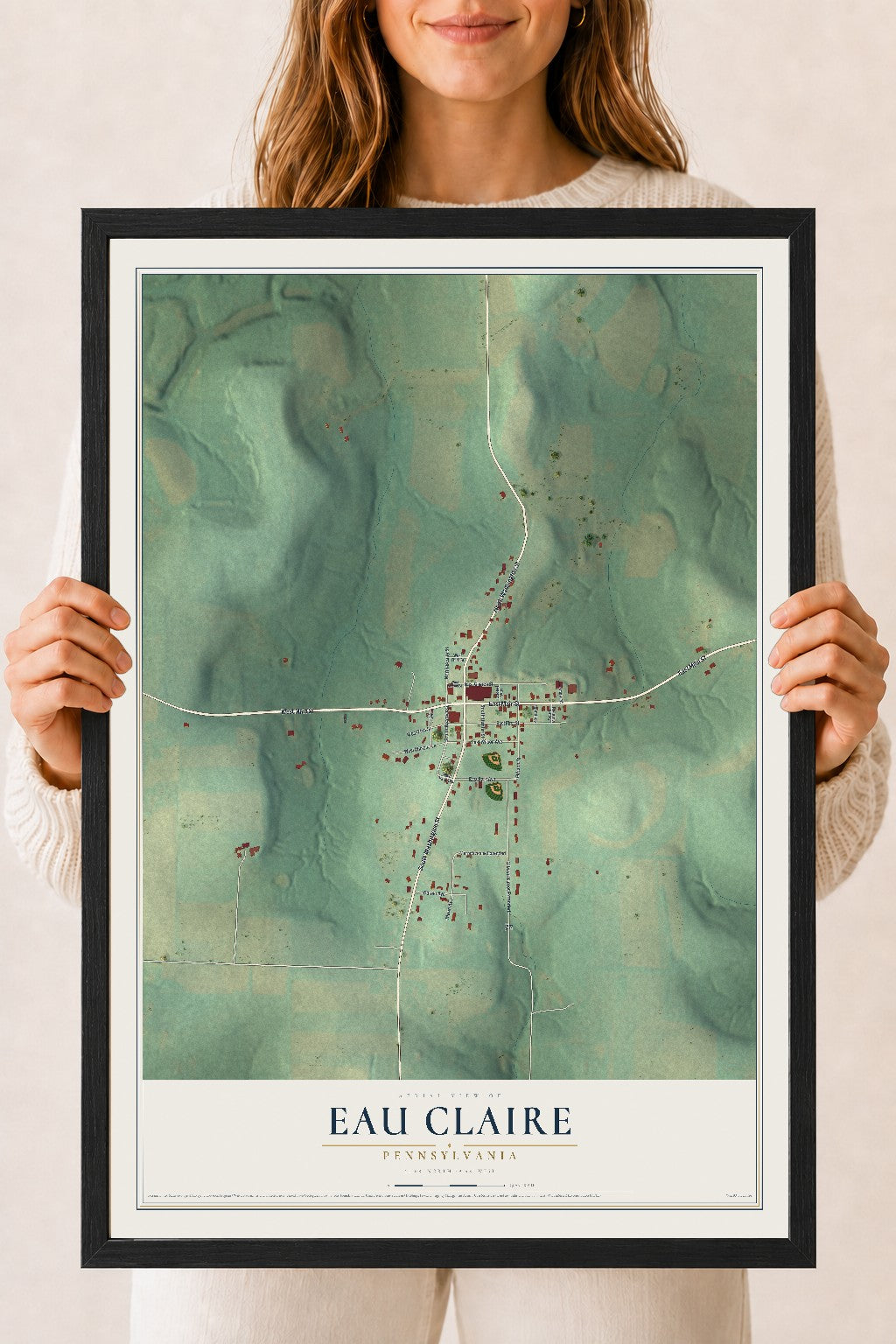 Map of Eau Claire, Pennsylvania, 18 x 24 inch print in a black wood frame