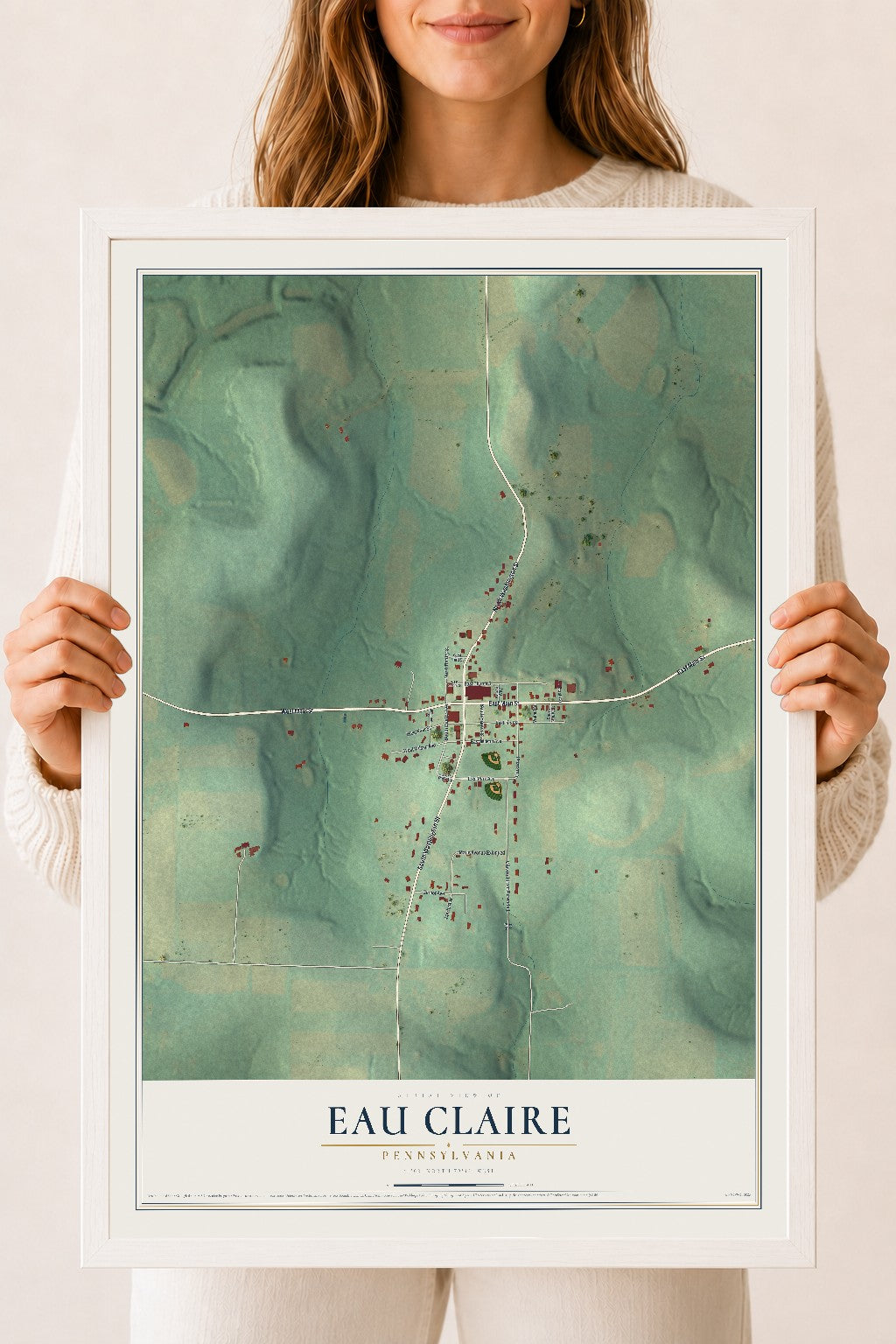 Map of Eau Claire, Pennsylvania, 18 x 24 inch print in a white wood frame