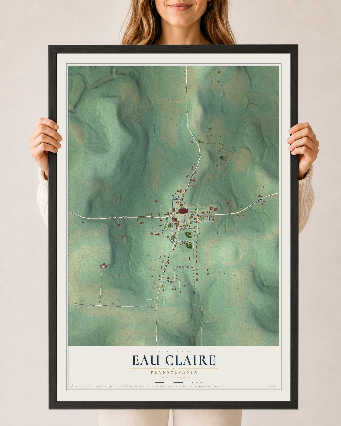Map of Eau Claire, Pennsylvania, 24 x 36 inch print in a black wood frame