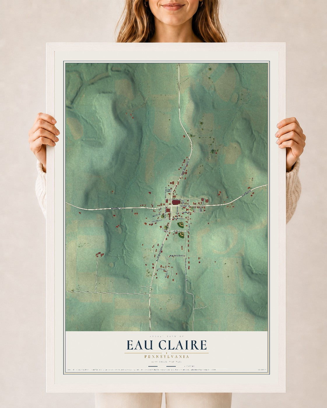 Map of Eau Claire, Pennsylvania, 24 x 36 inch print in a white wood frame