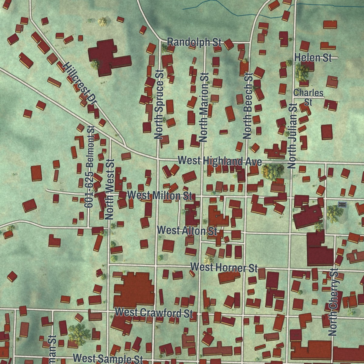 Close-up of the map of Ebensburg, Pennsylvania print showing street and building detail