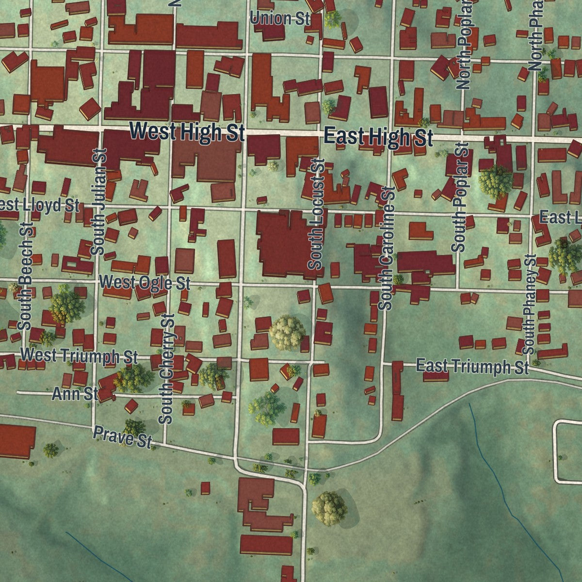 Second close-up of the map of Ebensburg, Pennsylvania print showing more streets and buildings