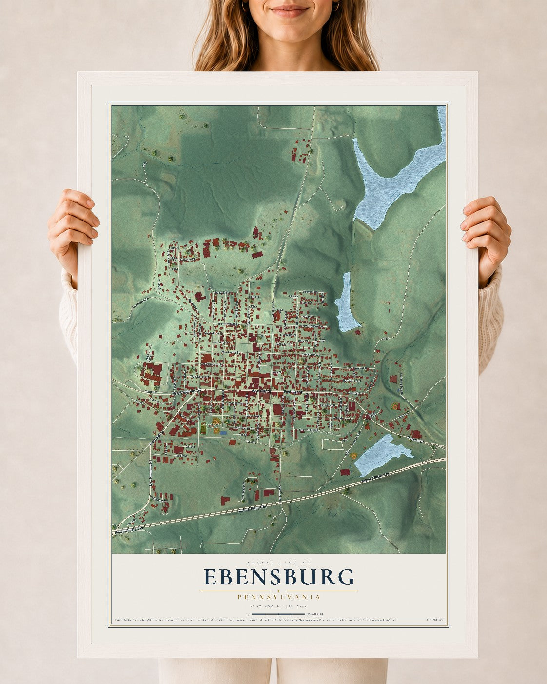 Map of Ebensburg, Pennsylvania, 24 x 36 inch print in a white wood frame