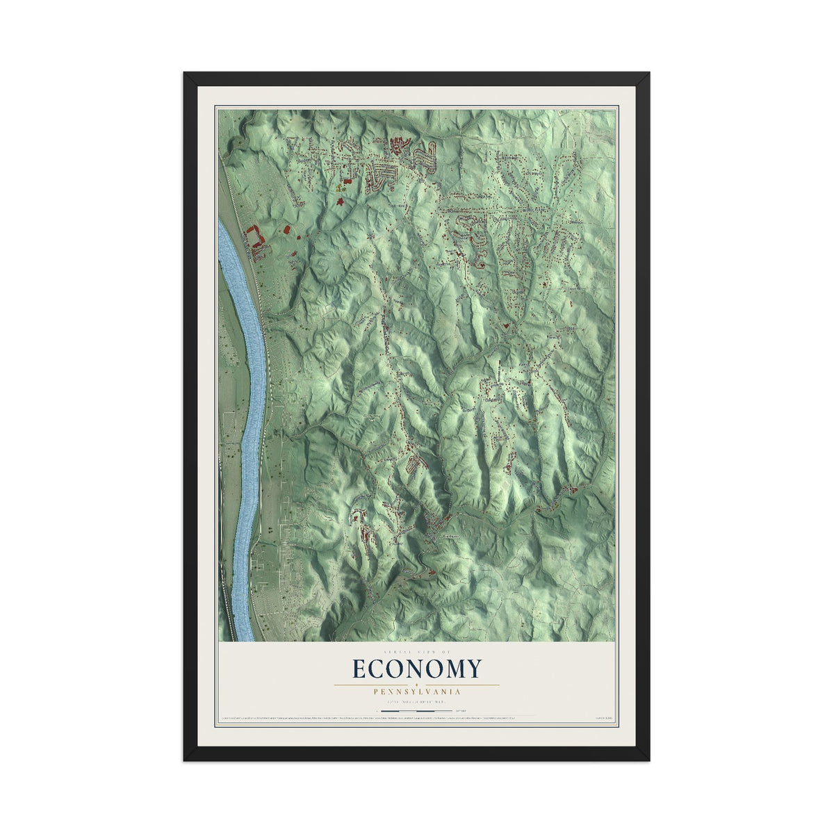Map of Economy, Pennsylvania, 12 x 18 inch print in a black wood frame