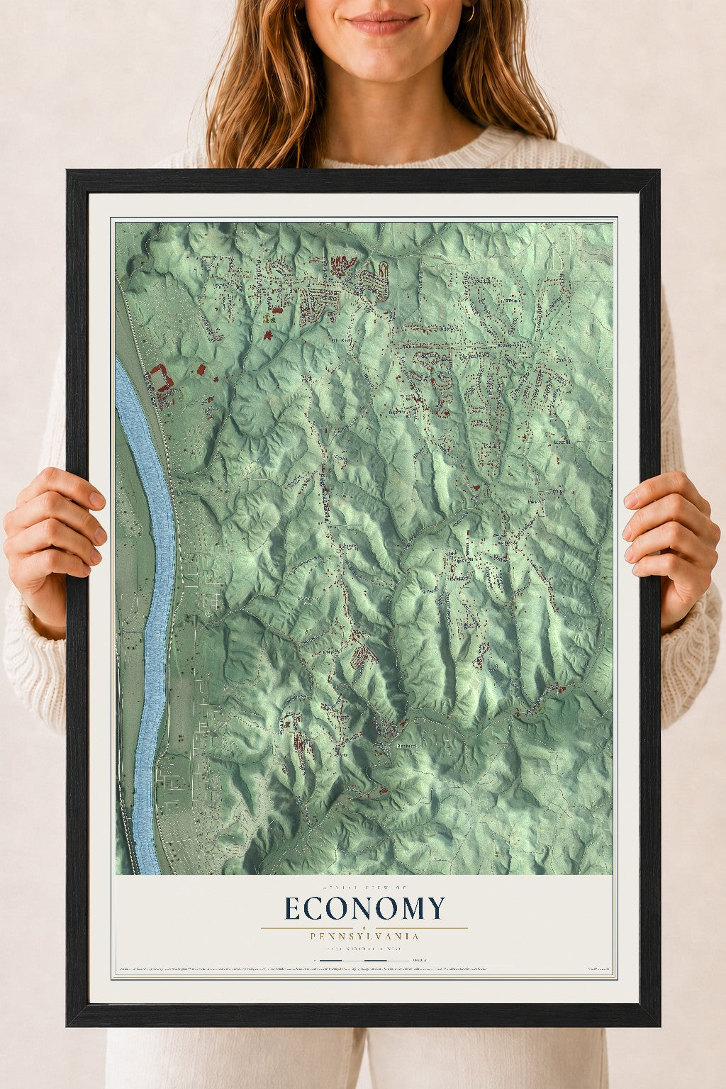 Map of Economy, Pennsylvania, 18 x 24 inch print in a black wood frame