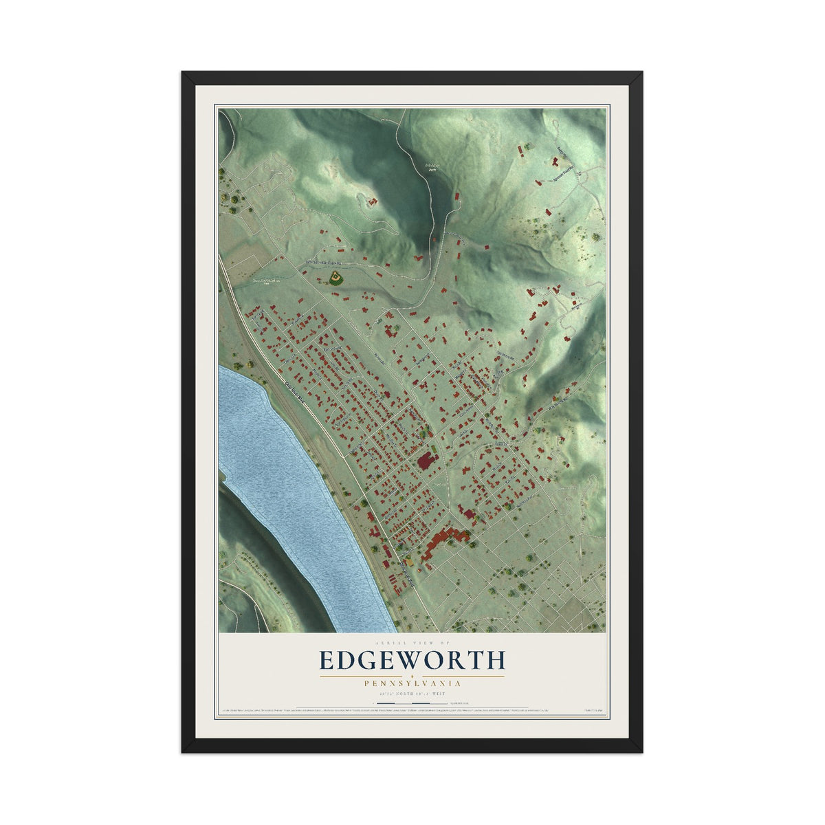 Map of Edgeworth, Pennsylvania, 12 x 18 inch print in a black wood frame