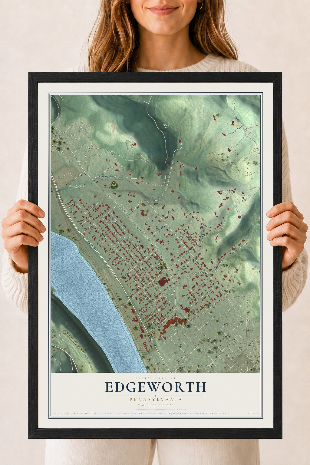 Map of Edgeworth, Pennsylvania, 18 x 24 inch print in a black wood frame