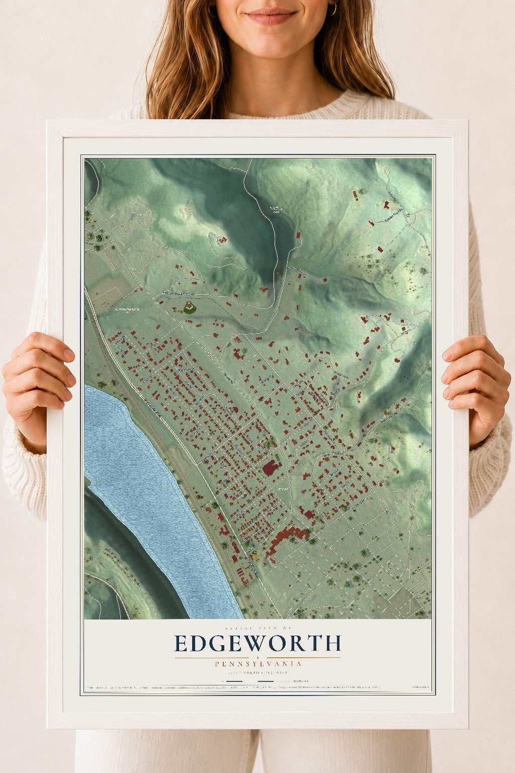 Map of Edgeworth, Pennsylvania, 18 x 24 inch print in a white wood frame