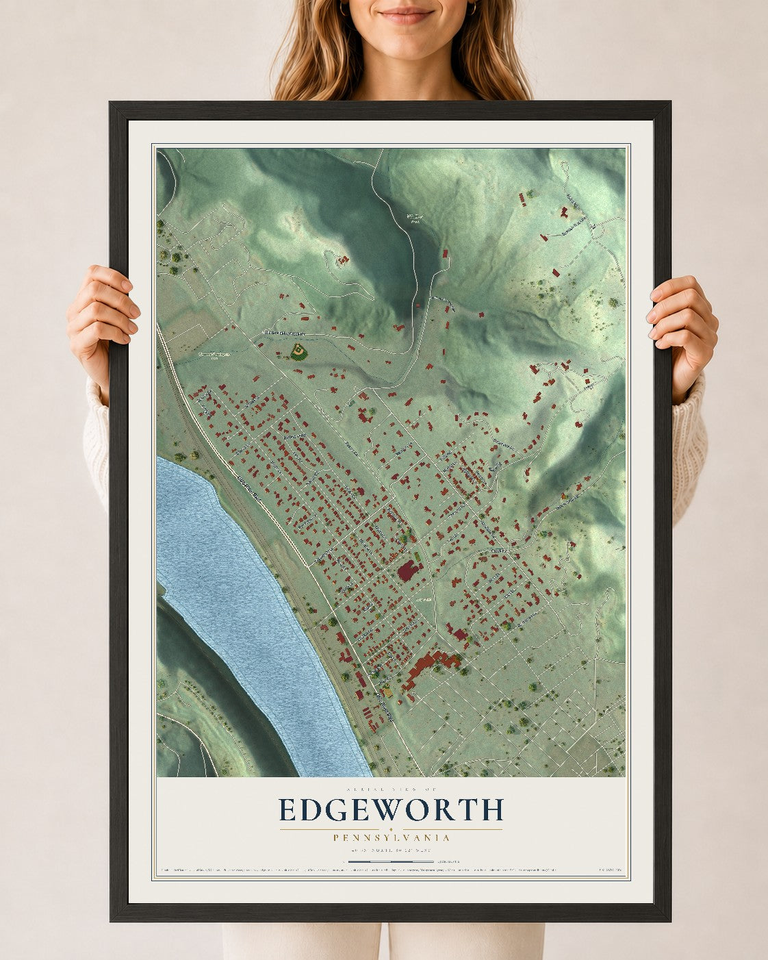 Map of Edgeworth, Pennsylvania, 24 x 36 inch print in a black wood frame