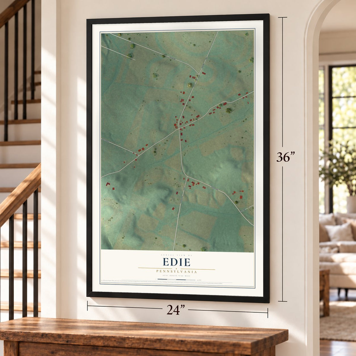 Edie, Pennsylvania map, 24 x 36 inch print in a black frame by a staircase