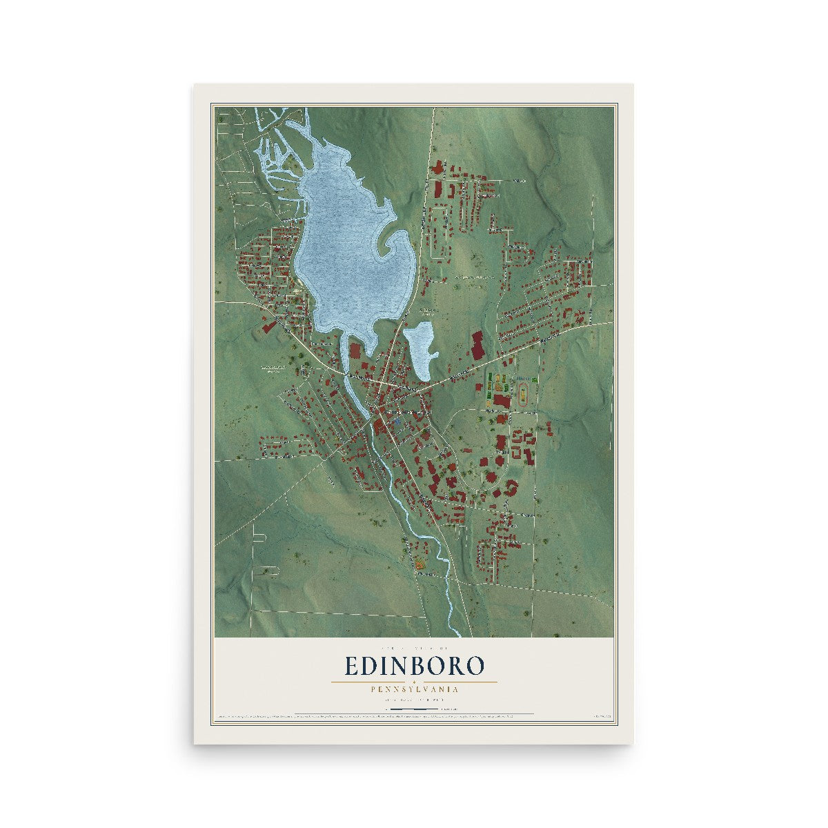 Map of Edinboro, Pennsylvania, 12 x 18 inch unframed archival matte print
