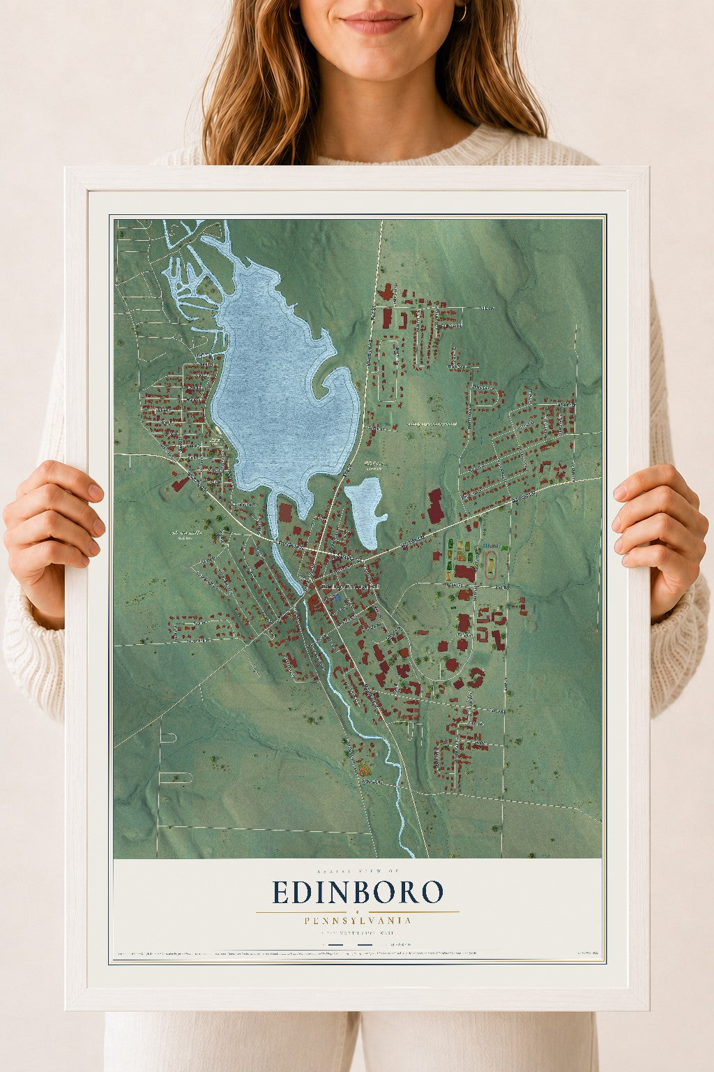 Map of Edinboro, Pennsylvania, 18 x 24 inch print in a white wood frame