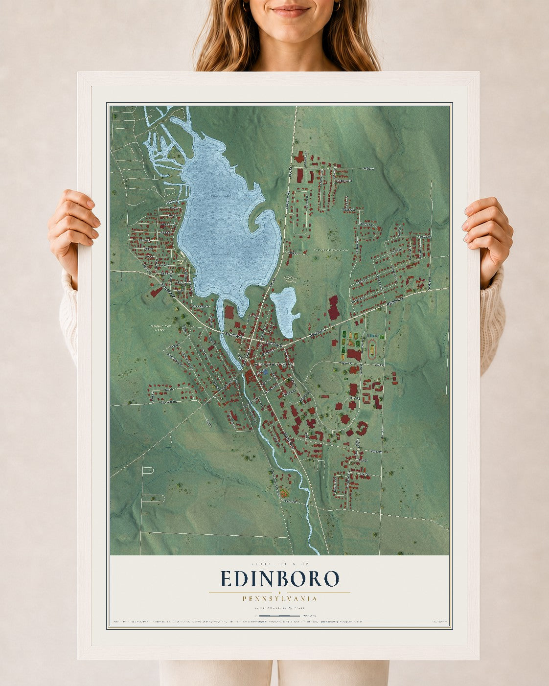 Map of Edinboro, Pennsylvania, 24 x 36 inch print in a white wood frame