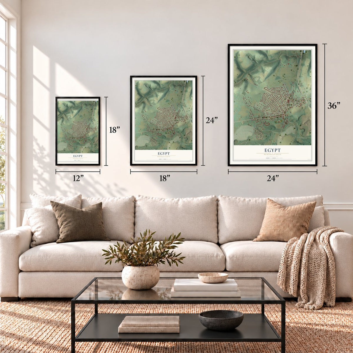 Egypt, Pennsylvania map in 12 x 18, 18 x 24 and 24 x 36 inch sizes above a sofa
