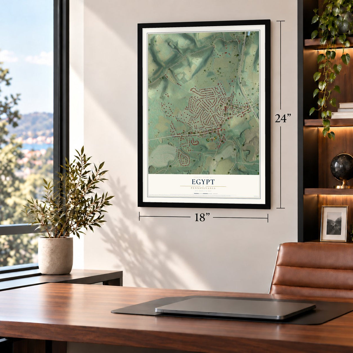 Egypt, Pennsylvania map, 18 x 24 inch print in a black frame in a home office
