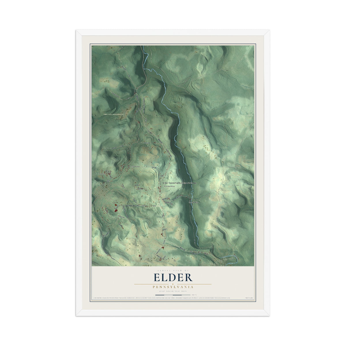 Map of Elder, Pennsylvania, 12 x 18 inch print in a white wood frame